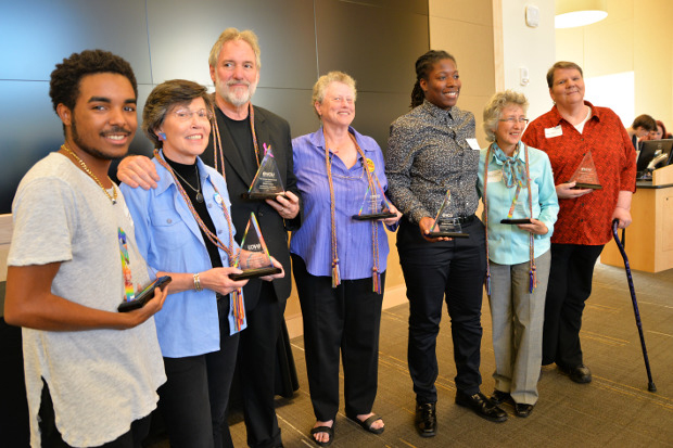 Lucky Turner poses with fellow 2016 LGBT Burnside Watstein Award recipients. From left: Lucky Turner, Brenda Kriegel, Walter Foery, Frances Stewart, Attalah Shabazz, Sharon Talarico and Jane Firer. Turner was the only student to receive the award this year.