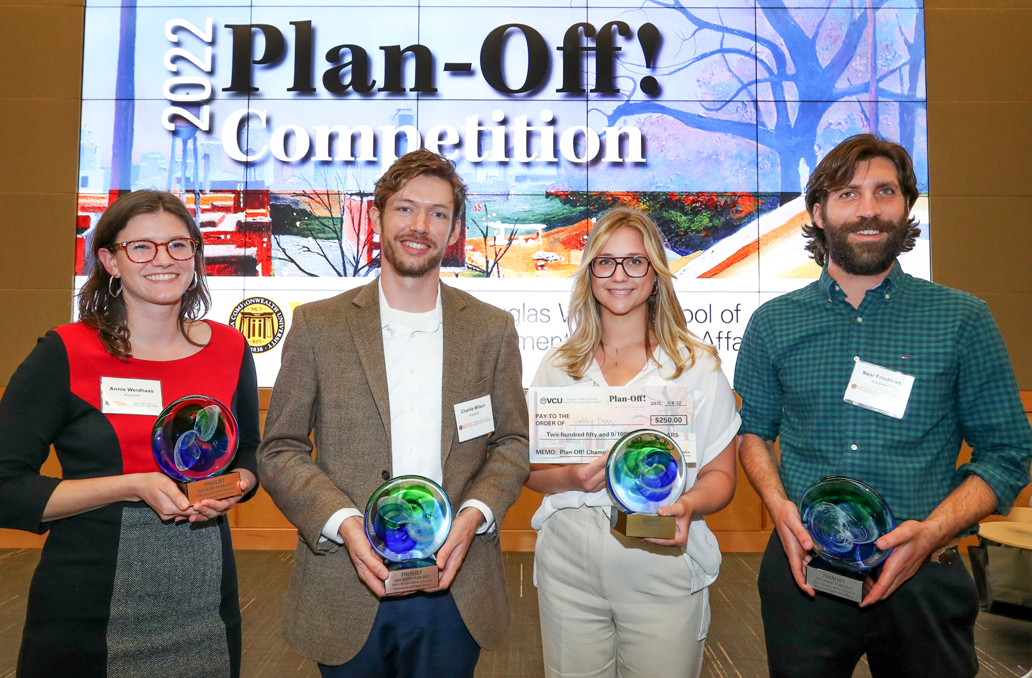 Congratulations to our Plan-Off finalists (left to right): Annie Weidhaas (Overall Best Plan Award), Charlie Wilson, Gabrielle Dean (Grand Prize) and Neal Friedman.